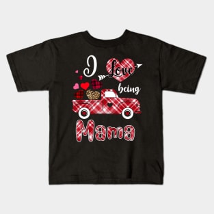 I Love Being Mama Red Plaid Truck Heart Valentines Day Kids T-Shirt